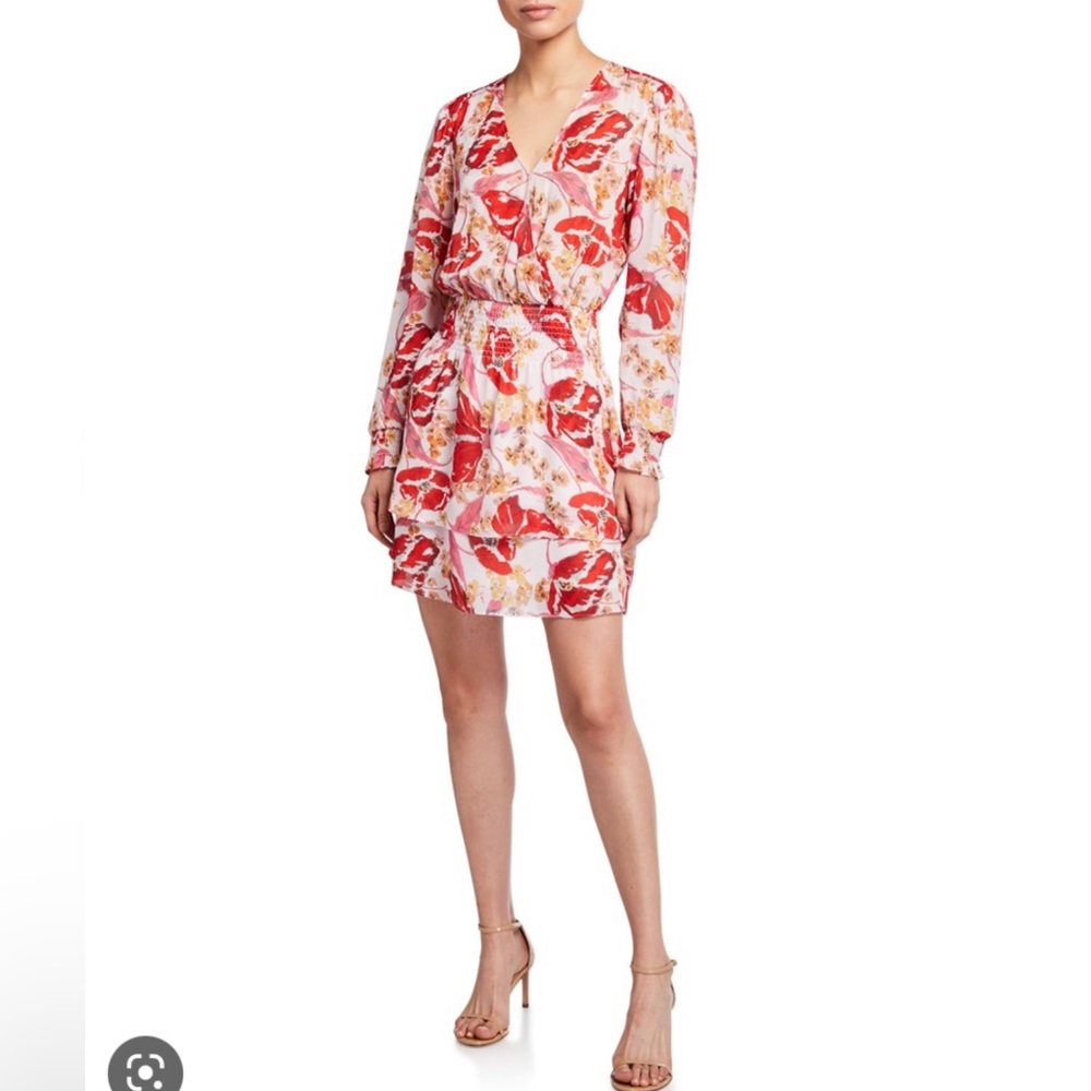 Parker Silk Dress Floral Long Sleeve Mini Size Medium Red Flowy Spring Summer